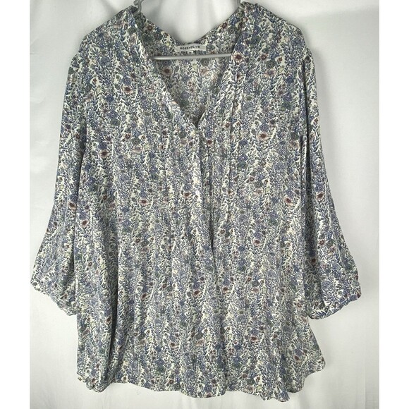 Rose + Olive Top Blouse 3X Blue Pink Ditsy Floral 3/4 Sleeve Flowy Peasant Boho - Picture 1 of 11